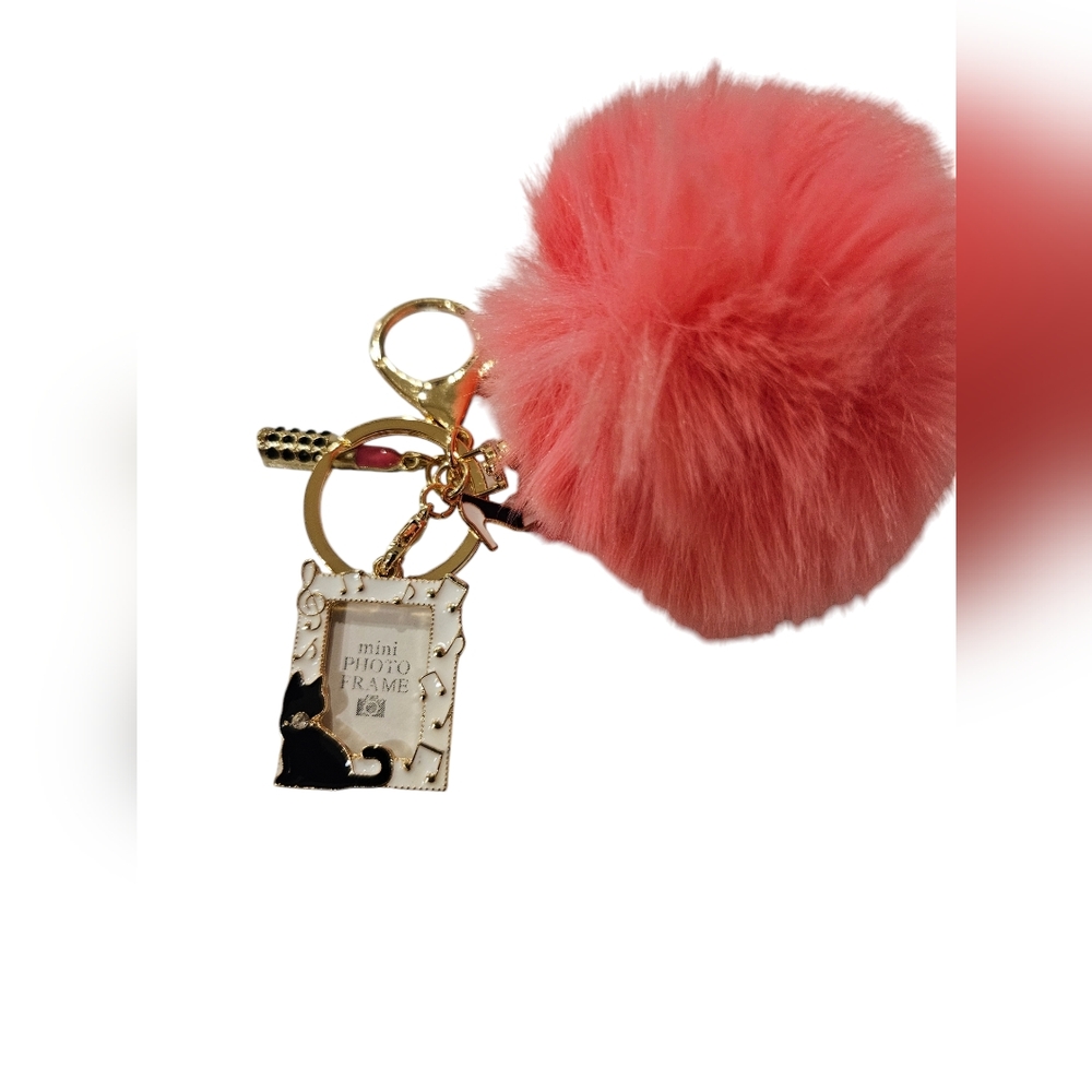 Pink Pom Pom Cat Photo Frame Keychain